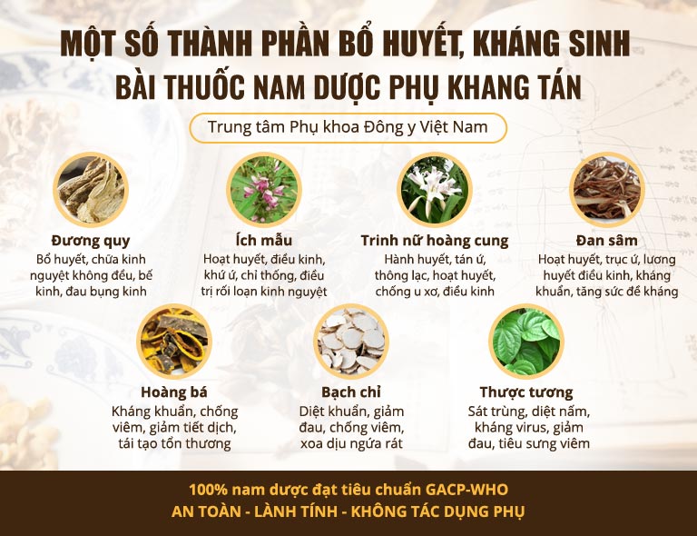 Phụ Khang Tán sử dụng nhiều thảo dược bổ huyết, kháng sinh giúp chữa đau bụng kinh và viêm nhiễm hiệu quả