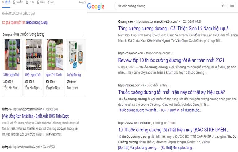 147 triệu kết quả về thuốc cường dương được trả về khi tìm kiếm trên Google